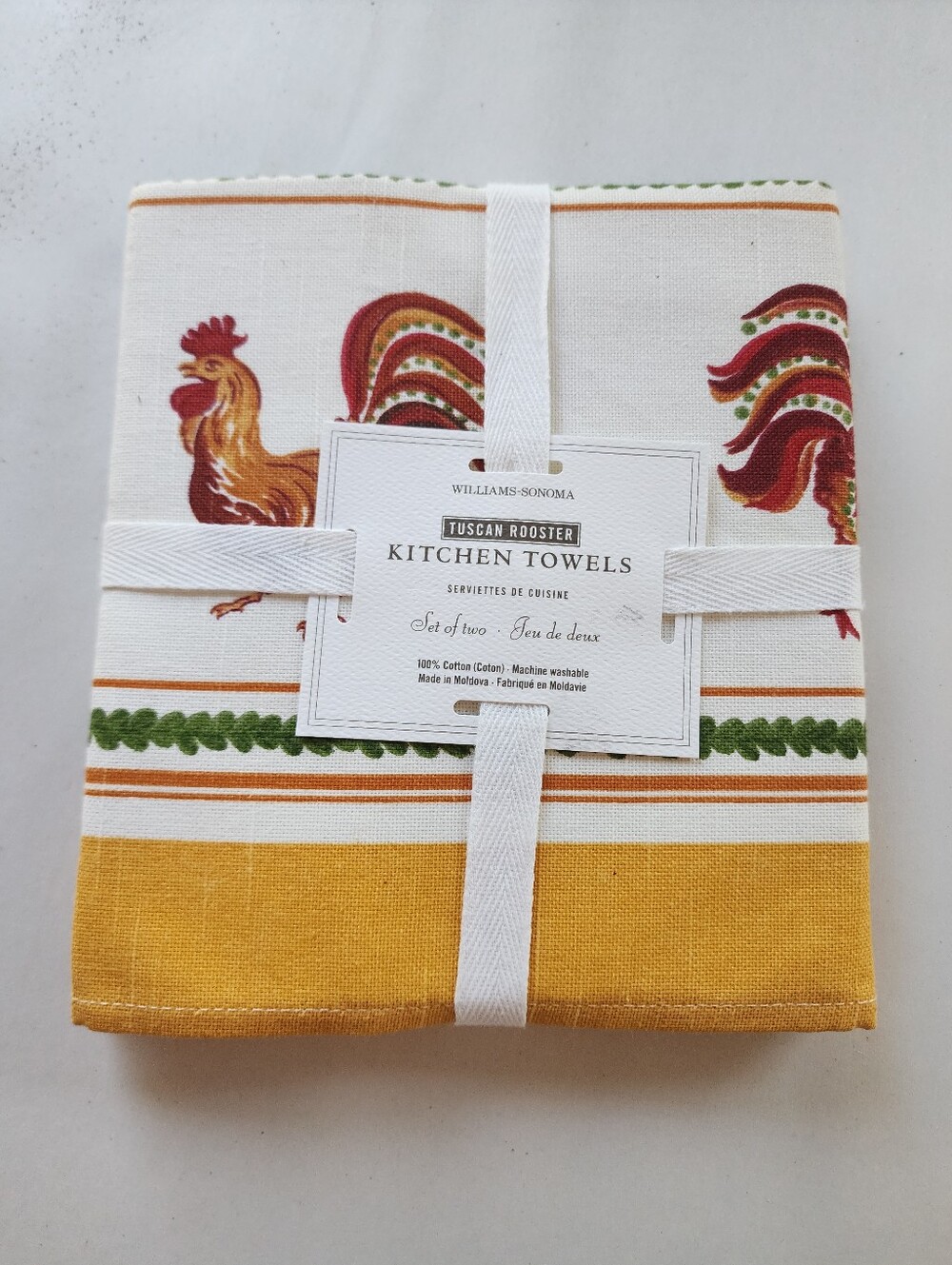 New Williams Sonoma Tuscan Rooster Kitchen Towels Yellow & Multi (Set of 2)